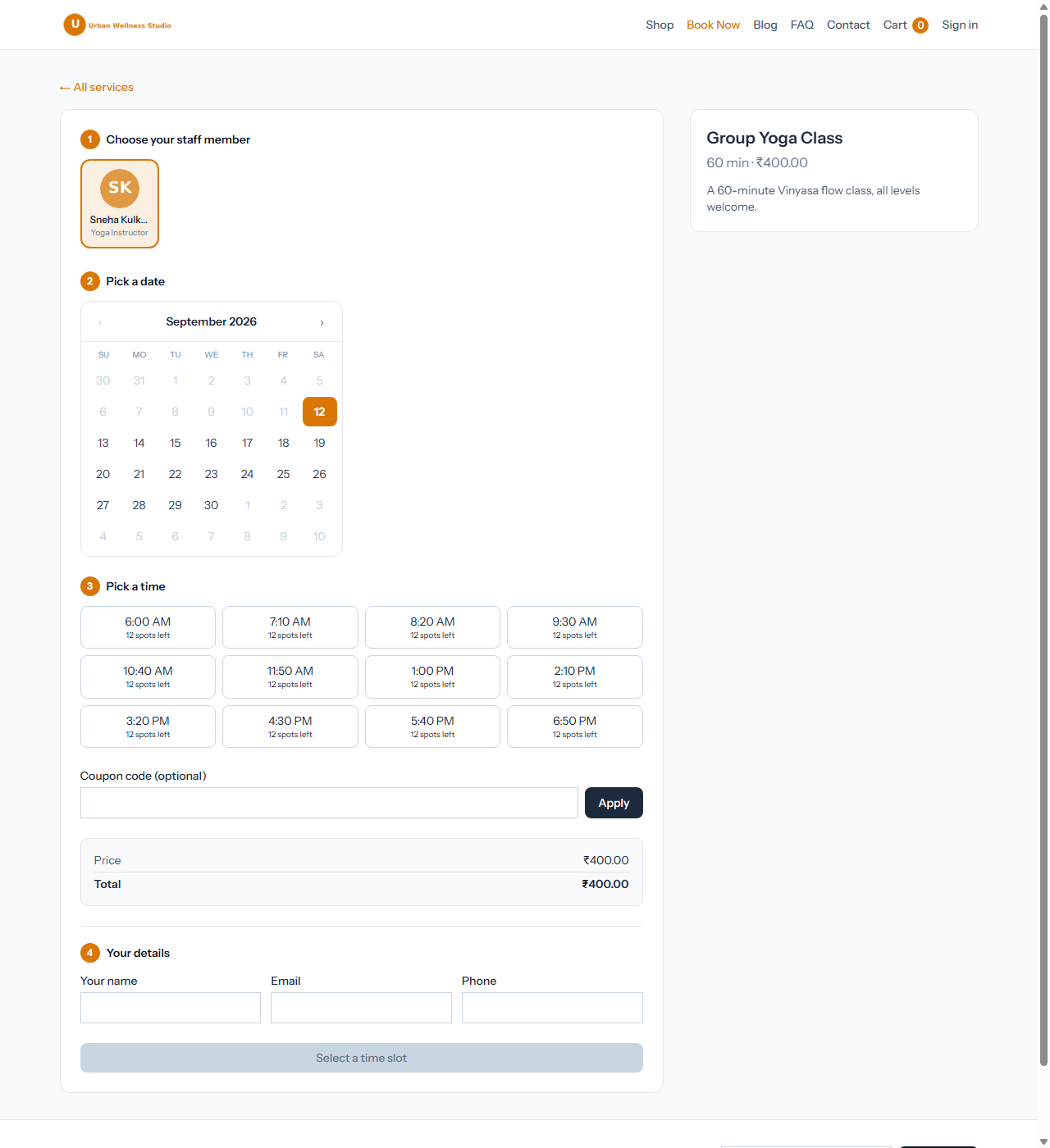 A real booking calendar showing 12 spots left per time slot for a group class