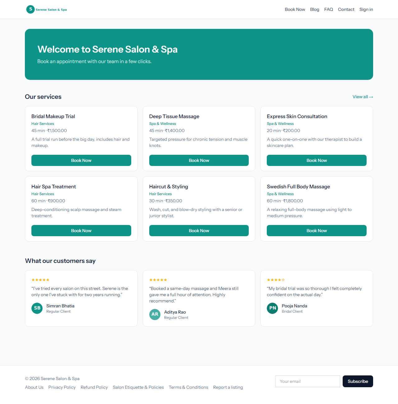 Serene Salon & Spa storefront, teal brand color